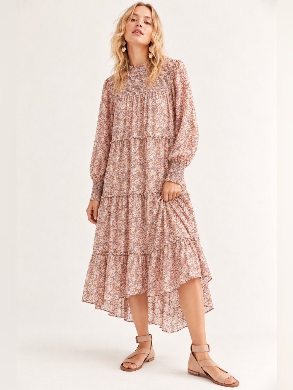 1. STATE FLORAL SMOCKED HIGH LOW TIERED MIDI DRESS BOHO SIZE MEDIUM LIKE NEW!